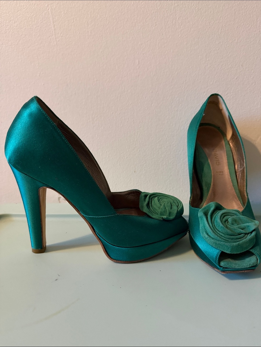 Teal- Green Dana Davis Satin Peep-Toe High Heels with Rosette Accent